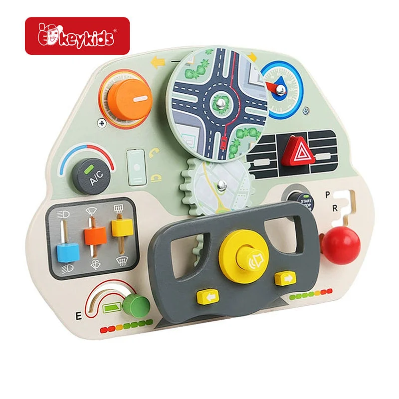 Multifunctional Wooden Steering Wheel Busy Board Toy - Montessori Early Education Interactive Activity Toy for Toddlers W12D740